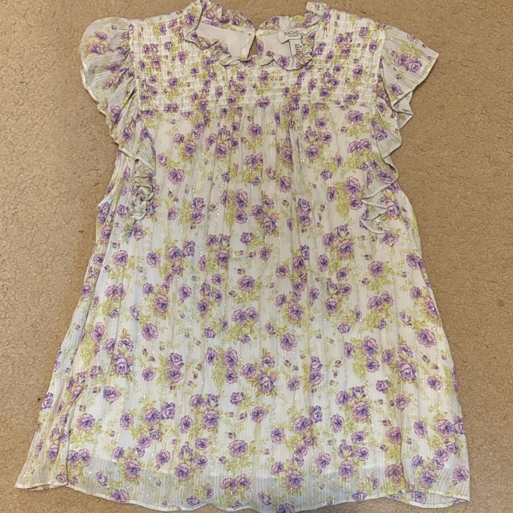 NWOT Rachel Zoe Metallic Floral Smocked Ruffle Women’s Top Lavender/Gray sz L